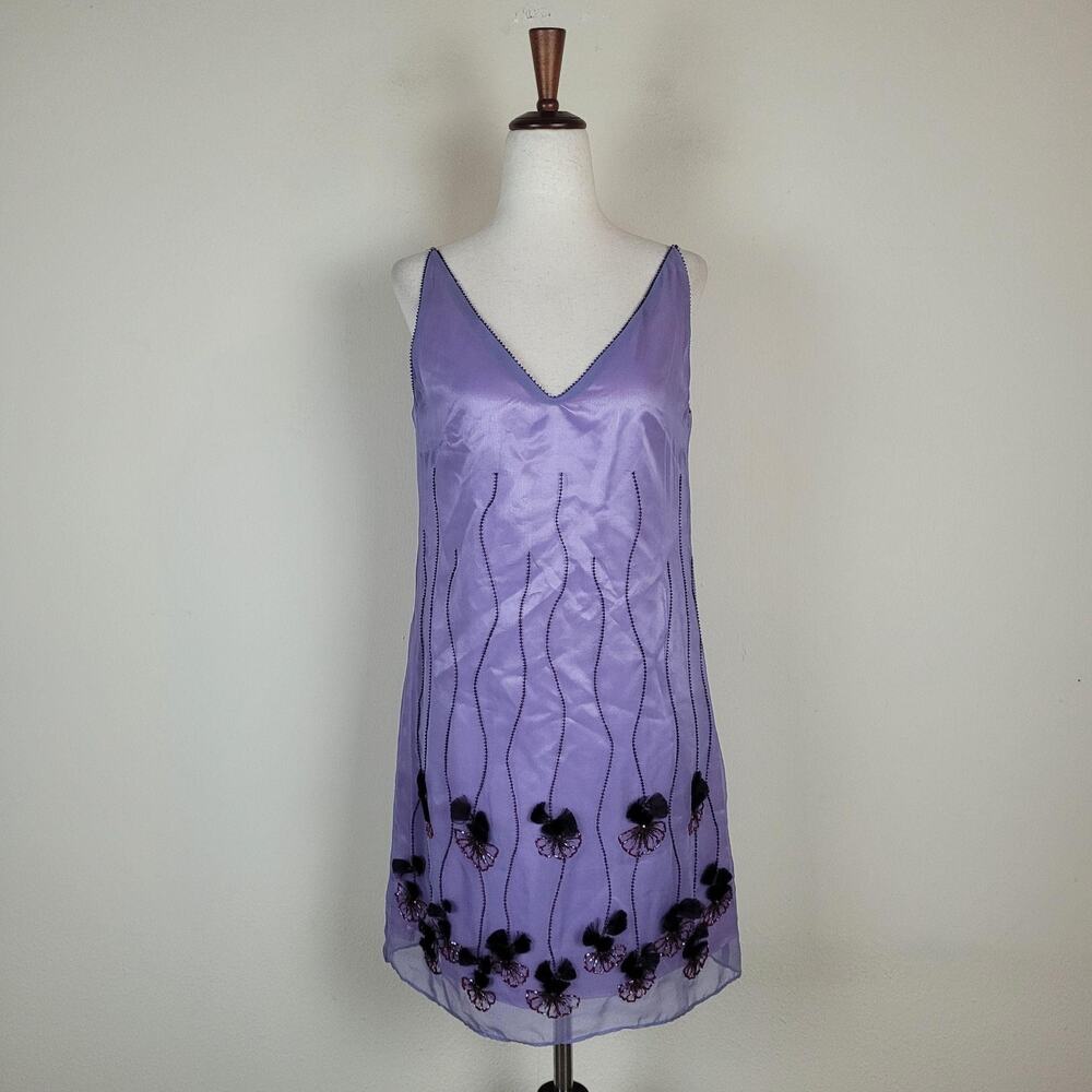 VTG Cynthia Rowley Dress 4 Purple Silk Overlay Slip Embroidered Floral Fairycore